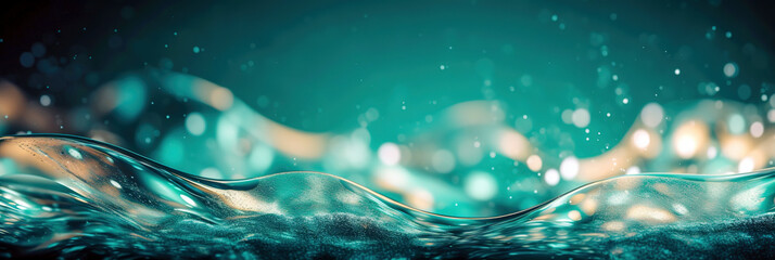 Abstract luxury aquamarine background with wave and particle. Modern abstract banner. Christmas aquamarine light shine particles bokeh on dark background. Holiday concept. digital ai