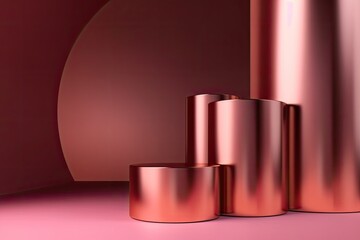 Poster - pink cylinders arranged on a solid pink background. Generative AI