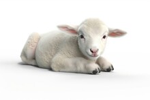 Cute Baby Lamb Resting On A Plain White Surface. Generative AI