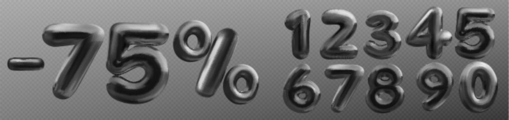 Vector 3d metal number font set. Glossy balloon alphabet sale set with 1, 2, 5 and 7 digit. Isolated luxury black abc set to type one, zero on transparent background. Bold rounded symbol icon