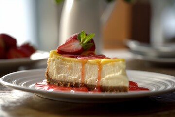 Wall Mural - Delicate Delicious Cheesecake with Lemon and Strawberry for Dessert, Created With Generative AI Illustration