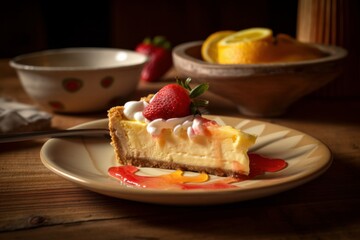 Wall Mural - Delicate Delicious Cheesecake with Lemon and Strawberry for Dessert, Created With Generative AI Illustration