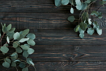 Wall Mural - Eucalyptus branches frame top view on a brown wooden background with copy space .floral card. poster