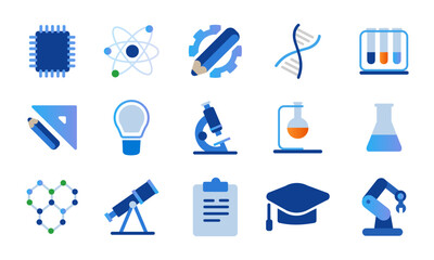Research icon set collection of biochemistry technology astronomy tube flask lab academic and robotic