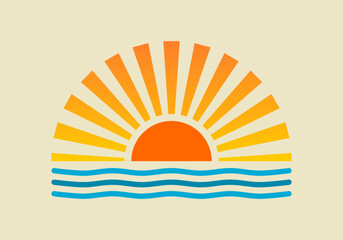 Poster - Vintage orange yellow sun sunshine light rays with blue water wave ocean sea sunset or sunrise boho logo flat vector icon design.