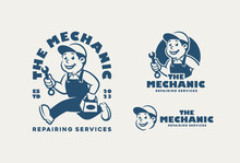 Mechanic Man, Handyman, Repairman Logo For Service, Repair Or Maintenance Logo. Vintage Cartoon Mascot.