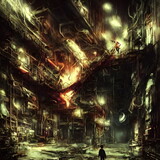 Fototapeta  - Large abandoned warehouse look cluttered designed in cyberpunk style, Boy standing and look at this place, Artwork by generative ai.