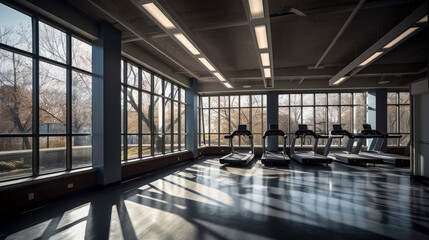 Canvas Print - Modern gym interior with fitness equipment and exercise machines. Sports hall with large windows. Generative AI