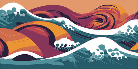 waves in tropical colors and asian patterns, banner for asian american and pacific islander heritage