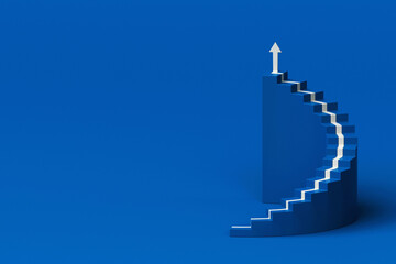 Wall Mural - White arrow following the spiral staircase of growth on blue background, 3D arrow climbing up over spiral staircase, 3d stairs with arrow going upward, 3d rendering