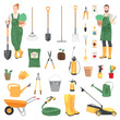 Collage of gardeners with set of supplies on white background