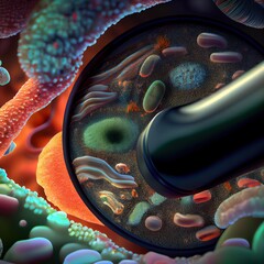 Poster - A close-up microscope through which enlarged bacteria can be seen, a wide angle, created with generative ai