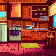 Canvas Print - Cozy kitchen interior with wooden furniture, table, oven and wooden floor in cartoon style, created with generative ai