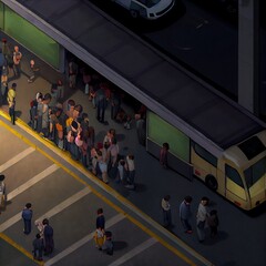 Wall Mural - People are standing in a long queue in front of the bus entrance, top view, created with generative ai