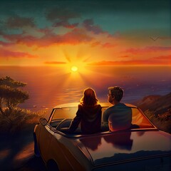 Sticker - A couple sits on the hood of a car at sunset on the ocean, a view from the back, created with generative ai