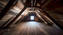 Rustic Attic Room, Empty Wooden Interior With Copy Space. Indoor Background. AI Generative Image.