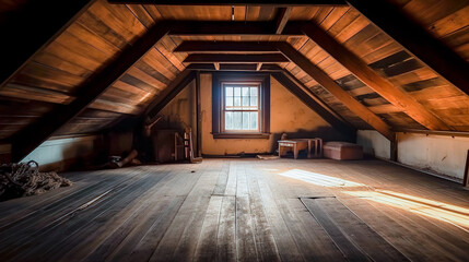 Canvas Print - Rustic attic room, empty wooden interior with copy space. Indoor background. AI generative image.