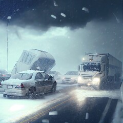 Wall Mural - A big car accident on the highway in a snowstorm, created with generative ai