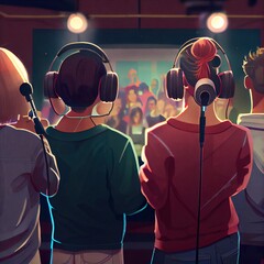 Wall Mural - Several multinational fashionable young people are recording a song in a recording studio, standing with headphones at the microphone, view from the back, created with generative ai