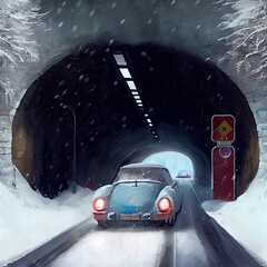 Wall Mural - The entrance to the car tunnel, everything is covered in snow, it's snowing, cars are driving with their headlights, created with generative ai