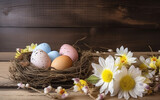 Fototapeta  - Wielkanocne ozdoby. Jajka wielkanoc. Kolorowe pisanki. Wiosenne ozdoby. Drewno tekstura. Generative AI