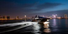 A City At Night Is Visible Behind The Modern Speed Boat As It Sails In The Harbor. - Generative AI