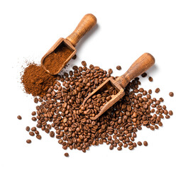 Wall Mural - Scoop of coffee beans and ground coffee on white background. Coffee in scoop isolated. Top view of coffee.