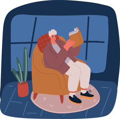 Wall Mural - Cartoon vector illustration of Person reading book, sitting in armchair by window in living room. Man in chair at home with literature and coffee cup. Businessman reader.