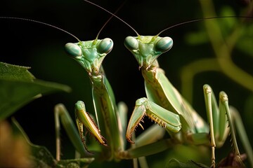 Close up of a pair of lovely European mantises ( Mantis religiosa ). Generative AI