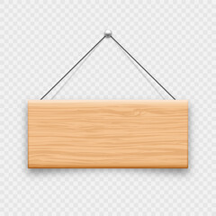 Wooden hanging signboard. Made of wood door sign for cafe, restaurant, bar or retail store. Announcement banner, information signage for business or service. Vector illustration