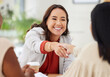 Happy, welcome and business people with a handshake in a meeting for partnership and agreement. Smile, thank you and corporate women shaking hands in an office for a contract, onboarding and greeting