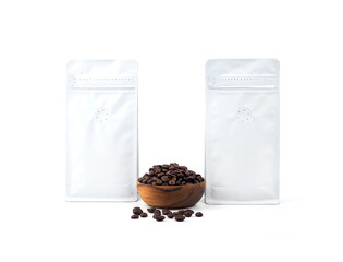 Two foil plastic paper bag packaging with vacuum-sealed, zipper and wooden bowl for roasted coffee beans template isolated on a white background. Package mock-up for coffee or dry seeds product..