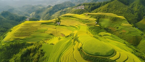 Wall Mural - Panoramic view from the height of green fields and meadows in summer.Aerial view. Panoramic shot. Generative AI