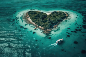 Paradise Island Heart Form is a romantic image of a tropical island surrounded by crystal-clear ocean waters. The heart-shaped island is a true paradise.