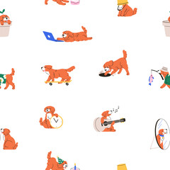 Poster - Cute dog, seamless pattern. Funny canine animal life, endless background. Amusing puppy, doggy. Repeating print design for kids textile, childish fabric, wrapping. Repeatable flat vector illustration