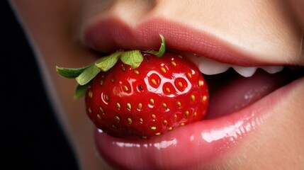 Close up of teeth biting strawberry. lips holding strawberry sexy photo style generative ai