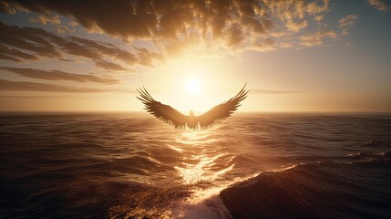 a big eagle fly to horizon line during sunset over endless ocean, Generative Ai