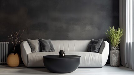 beautiful modern minimalism contemporary interior with sofa and grunge wall, bare, concrete cement wall, Generative Ai