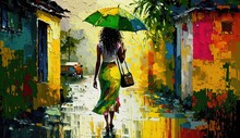 Paint Like Illustration Of An African Woman Walking On Street On Raining Day, Generative Ai