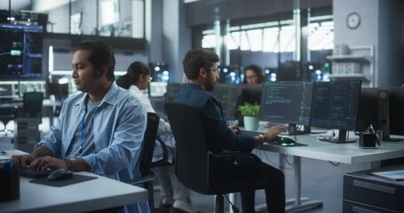 Poster - Team of Talented Young Indian Professionals Working in a Technological Research and Development Agency in South Asia. Computer Screens with Software Code and Artificial Intelligence Projects