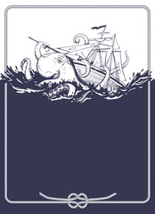 An enraged kraken attacks a commercial sailboat. Mythical monster from the dark depths. The octopus wraps its tentacles around the sailboat and pulls it to the bottom. Vector image.