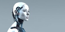 Cyborg Woman Side View Banner. High-tech Ai Bot Background With Copy Space For Text Generative Ai