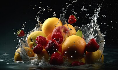  Mix summer fruit splash with lemon close-up Ai generative.