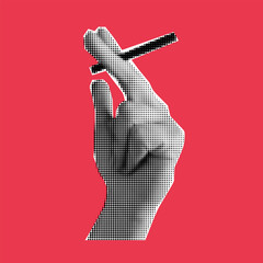 Wall Mural - Collage hand with halftone effect. Cut out paper. Hand holding a cigarette. Man smoking. Vector modern illustration
