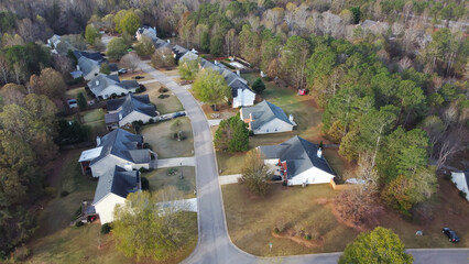 Peaceful residential street along row of single-family houses on large lot size surrounding lush greenery evergreen trees in established neighborhood Flowery Branch, Georgia, USA