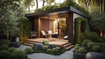 beautiful little cozy wooden room in garden, idea for small house pavilion, Generative Ai