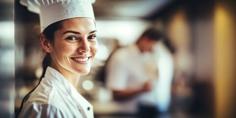 beautiful young female chef in a restaurant created with ai generative tools