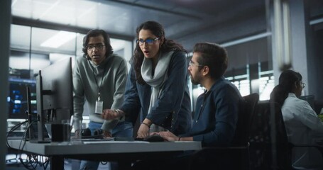Poster - Team of Three Diverse South Asian Software Developers Talk, Discuss a Technological Project. Empowered Indian Female Specialists and Two Colleagues Work on Digital Software as a Service Business