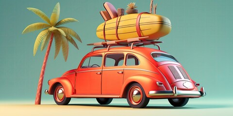 Wall Mural - Summer landscape abstraction with a rare car on the beach with suitcases on the roof.Colorful summer template. Concept of recreation. Generative AI