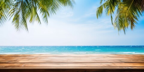 Poster - Summer landscape background with palm tree and sea.Colorful summer template. Concept of recreation. Generative AI